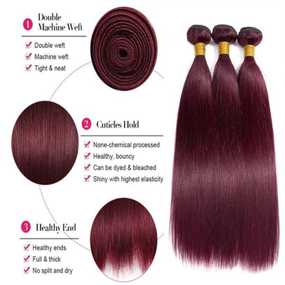 99j Human Hair Burgundy Straight Bundles Wine Red Straight Brazilian Hair Extensions Weave Wet and Wavy Soft Silky for Woman 26 28 30 Inch