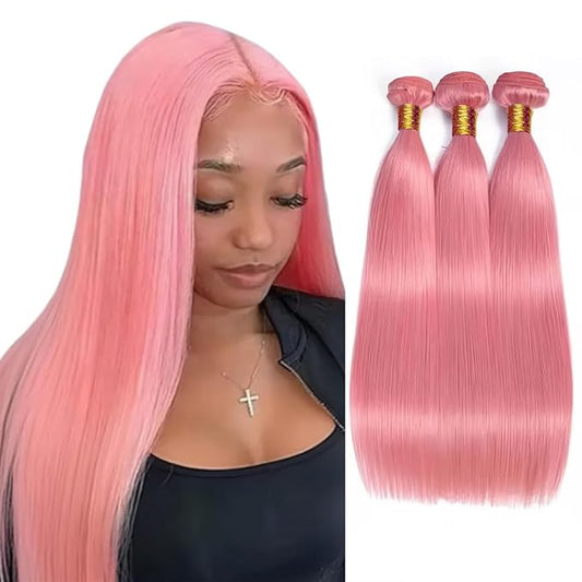 Light Pink Straight Bundles Human Hair Pink Bundles 20 22 24 Inch Niegmeag Brazilian Virgin Remy Hair Extensions Double Weft Pure Pink Bundle