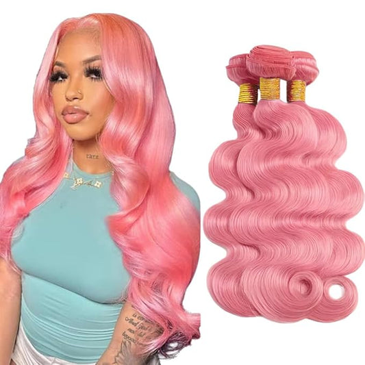 Pink Body Wave Bundles Pure Pink Human Hair Bundles Grade 8A Brazilian Virgin Remy Hair Extensions 20 22 24 Inch Double Weft Hair Weave 300g