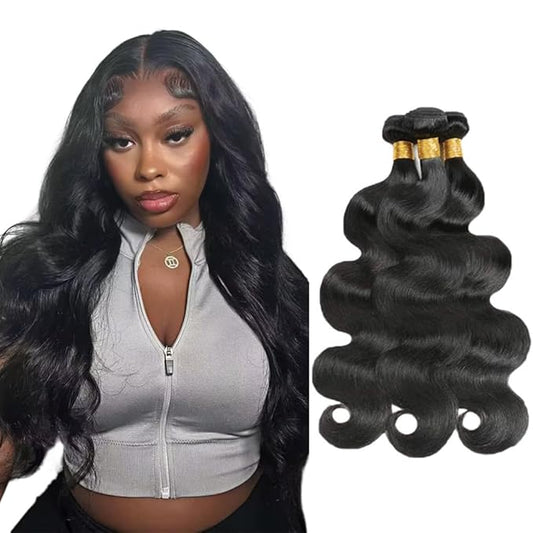 28 30 32 Inch Color 1B Human Hair Bundles Natural Black Body Wave Bundle Double Weft Color 1B Body Wave Bundles Niegmeag Virgin Soft and Silky Remy Hair Extensions