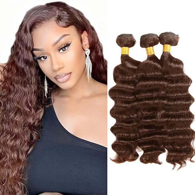 Brown Bundles Human Hair Color 4 Deep Wave Bundles Brazilian Grade 8A Virgin Hair 3 Bundles 20 22 24 Inch Double Weft Real Chocolate Deep Wave Hair Weave