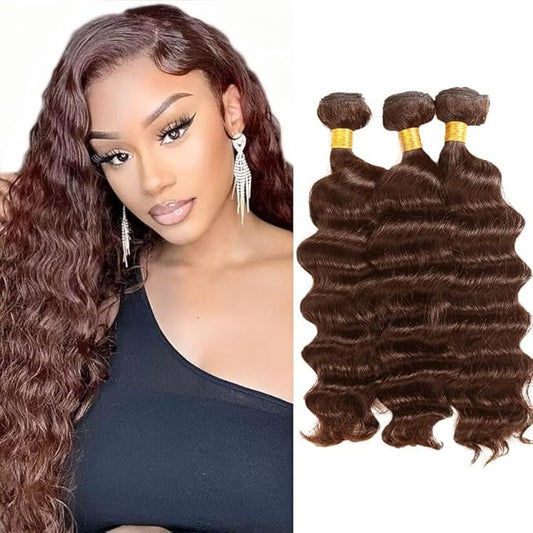 Brown Bundles Human Hair Color 4 Deep Wave Bundles Brazilian Grade 8A Virgin Hair 3 Bundles 20 22 24 Inch Double Weft Real Chocolate Deep Wave Hair Weave