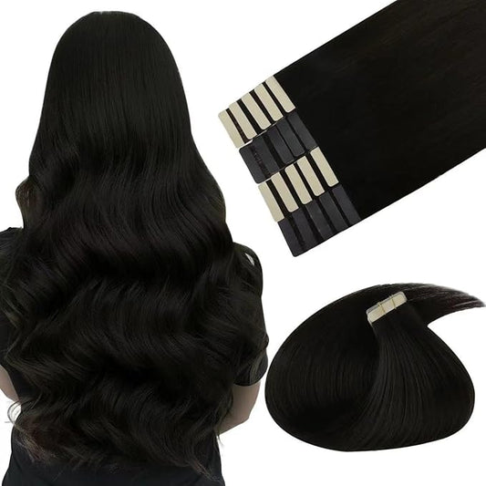 MAXITA Tape in Hair Extensions Real Human Hair, Seamless Tape in Hair Extensions Human Hair Remy Natural Long Straight Hair Real Human Hair Extensions for Women, 50g Tea Black 16 Inch 20pcs