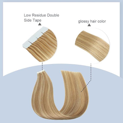 Tape In Hair Extensions 24 Inch HuxoWax P27/613 Straight Hair Extensions Double Weft Highlight Blonde VirgIn Soft And Silky Remy Hair