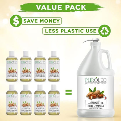PUROLEO Sweet Almond Oil 128 Fl Oz/3784 ML (Packed In Canada) Pure Almond Oil for Skin, Hair, & Body | Organic Carrier Oil & Body Oils For Women