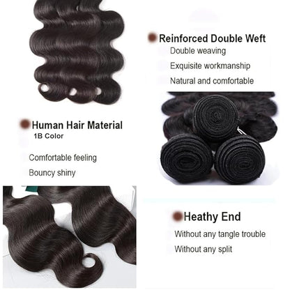 Brazilian Body Wave Bundles Human Hair 1B Natural Black Human Hair Bundles Silky Soft 18 18 18 Inch Quick Weave Unprocessed Remy Hair Extensions For Women Deals