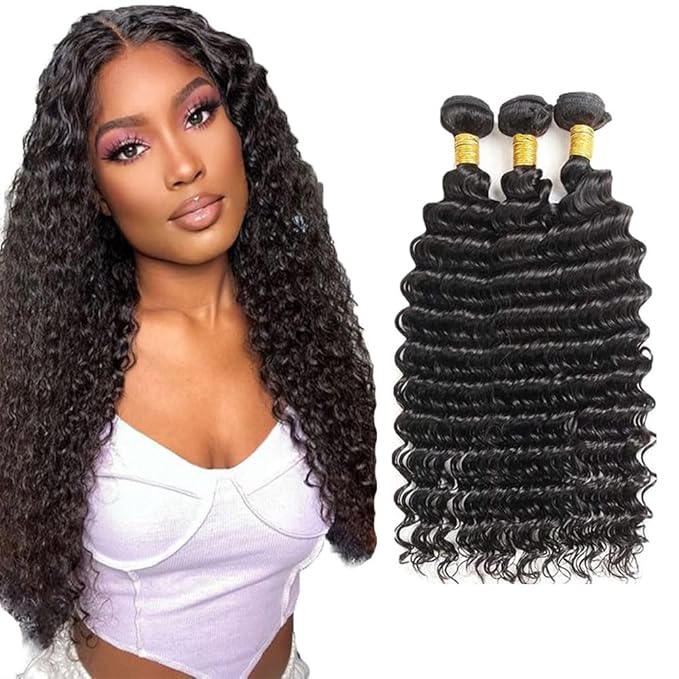 28 30 32 Inch Human Hair Bundles Natural Color Deep Wave Bundles Color #1B Deep Wave Human Hair Bundles Deep Wave Bundles Human Hair Natural Black Deep Wave Human Hair Bundles