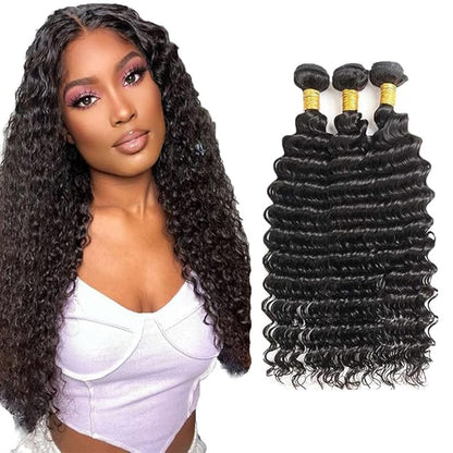 28 30 32 Inch Human Hair Bundles Natural Color Deep Wave Bundles Color #1B Deep Wave Human Hair Bundles Deep Wave Bundles Human Hair Natural Black Deep Wave Human Hair Bundles