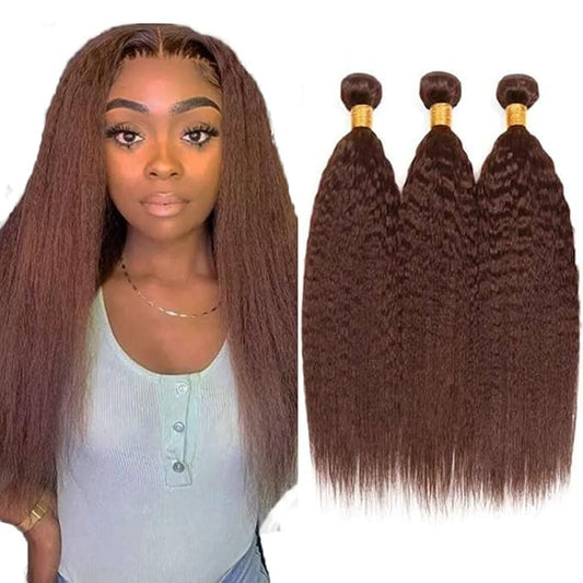 #4 Brown Bundles Human Hair Yaki Straight Bundles 28 30 32 Inch Human Hair Weave 3 Bundle Unprocessed Brazilian Virgin Hair Dark Brown Kinky Straight Human Hair Extensions 50 Grams/Bundle