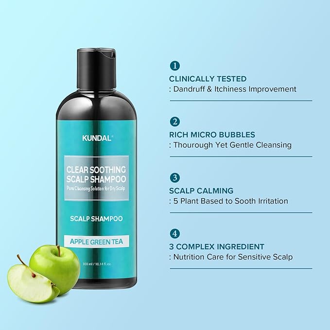 KUNDAL Clear Soothing Scalp Shampoo [Apple Green Tea] Shampoo - Korean Hair Care, Deep Cleansing, Sensitivity Care, For Dry Scalp 10.14fl oz (Pack of 1)