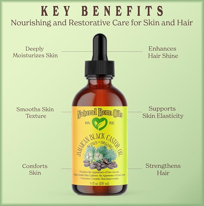 Natural Born Oils Jamaican Black Castor Oil, 16oz, Organic, Cold-Pressed, Fatty Acids, Deep Hydration for Skin, Hair Restoration