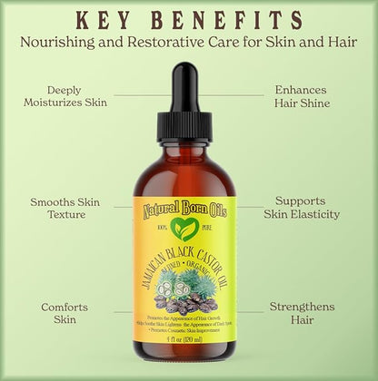 Natural Born Oils Jamaican Black Castor Oil, 16oz, Organic, Cold-Pressed, Fatty Acids, Deep Hydration for Skin, Hair Restoration
