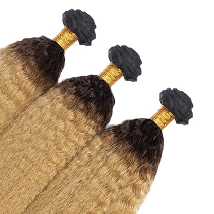Ombre Human Hair Bundles 1B27 Kinky Straight Bundles 26 28 30 Inch Double Weft 2 Tone Black and Blonde Bundle Grade 8A Peruvian Virgin Remy Hair Extensions 100g/Pc