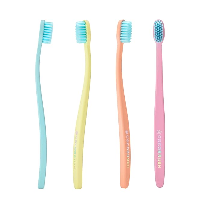 Cocofloss Cocobrush, Ultra-Soft Manual Toothbrush, Dentist-Designed, Gentle on Gums, Made from Recycled Plastic, Rainbow Set, Multipack of 4