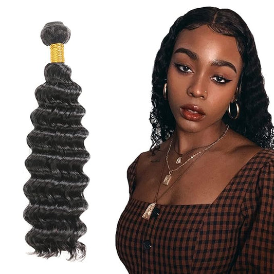 #1B Human Hair Bundles Deep Wave Bundles 14 Inch Unprocessed Brazilian Virgin Hair Weave 1 Bundle 50 Grams Per Bundle Natural Color Bundle Human Hair Extensions