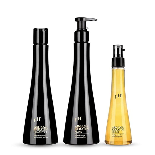 pH PURE HAIR Argan & Keratin Shampoo Hair Mask & Elixir Color Protecting - Hydrating Nourishing Formula for Deep Cleansing Heat Protection Soft & Silky Hair - Sulfate Free (8.45+8.45+3.38 Fl Oz)