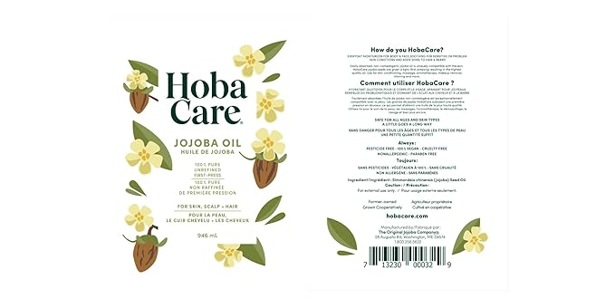HobaCare Unrefined Jojoba Oil for Skin Care, Hair, Beard Conditioning, Scalp Massage - 100% Pure Carrier Oil for Perfume or Soap Making - Natural, Vegan, Hexane Free, Long Shelf Life (32 oz)