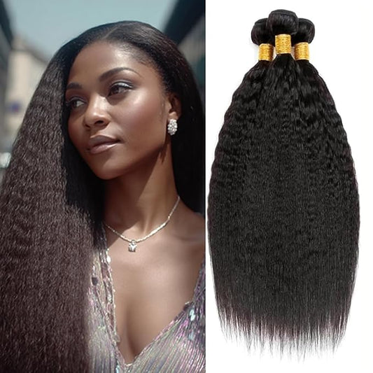 #1B Yaki Straight Bundles Human Hair Color 1B Kinky Explosion Bundles Brazilian Human Hair Extensions Soft and Silky for Women Yaki Straight 26 28 30 Inch