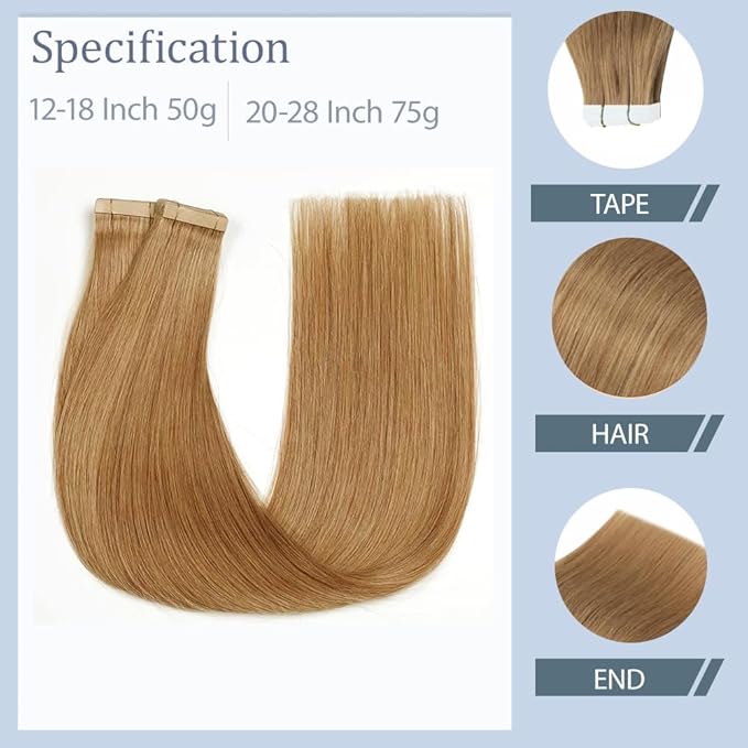 28 Inch Tape In Hair Extensions Color #27 Straight Hair Extensions HuxoWax Double Weft Invisible Honey Blonde VirgIn Soft And Silky Remy Hair