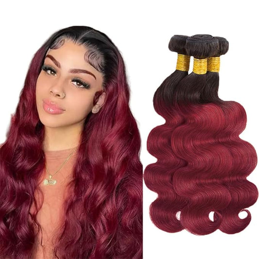 Ombre Human Hair Bundles Burgundy Body Wave Bundles Niegmeag Peruvian Grade 8A Virgin Remy Hair Extensions 12 14 16 Inch 2 Tone Black and Red Bundle