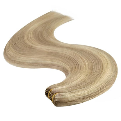 YoungSee Sew in Hair Extensions Blonde Highlight Hair Extensions Sew in Dark Ash Blonde Highlighted Light Blonde Weft Hair Extensions Real Human Hair Highlight Butterfly Weft 22Inch 100G