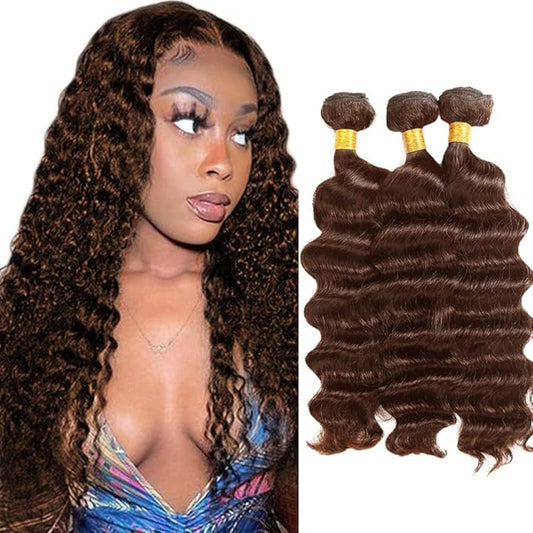 #4 Brown Bundles Human Hair Deep Wave Bundles 22 22 22 Inch Human Hair Weave 3 Bundle Unprocessed Brazilian Virgin Hair Chocolate Brown Deep Curly Human Hair Extensions 50 Grams/Bundle