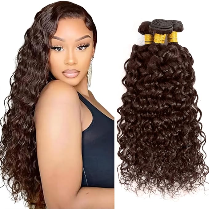 Dark Brown Bundle Human Hair Color 4 Water Wave Bundles Niegmeag Virgin Remy Hair 3 Bundles 20 22 24 Inch Brown Wet and Wavy Bundle