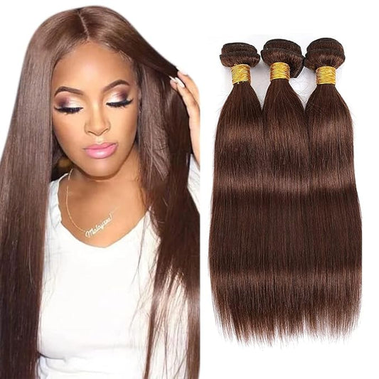 #4 Brown Bundles Human Hair Straight Bundles 12 12 12 Inch Human Hair Weave 3 Bundle Unprocessed Brazilian Virgin Hair Chocolate Brown Straight Human Hair Extensions 50 Grams/Bundle