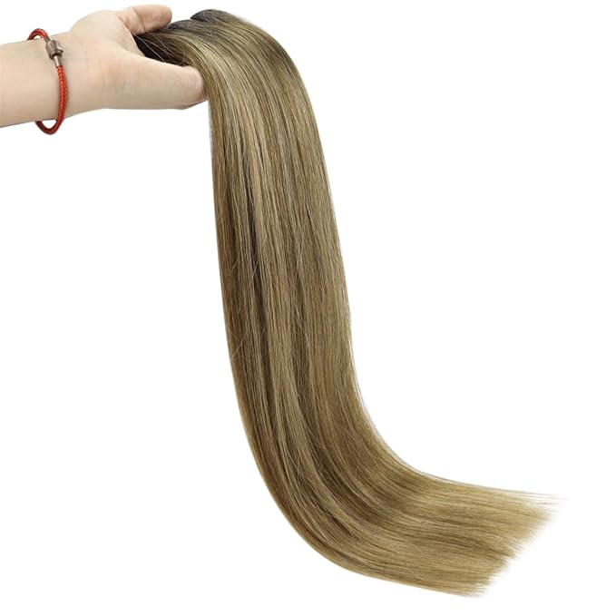 Full Shine Weft Hair Extensions Human Hair 22 Inch 105g Balayage Dark Brown to Caramel Blonde Sew in Hair Extensions Real Human Hair Weft Extensions Sew in Hair Bundles Full Head