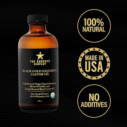The Goodbye Company Black & Gold Castor Oil Blend – USDA Organic, Cold-Pressed & Unrefined – Pure Hexane-Free Oil for Hair, Skin, Body, Eyelashes & Eyebrows