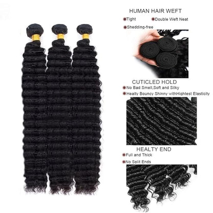 Deep Wave Bundles Human Hair Natural Black Deep Curly Human Hair Bundles 24 24 24 Inch Loose Wave Bundle Brazilian Virgin Remy Hair Extensions Silky Soft Double Weft Deals