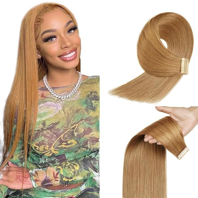 28 Inch Tape In Hair Extensions Color #27 Straight Hair Extensions HuxoWax Double Weft Invisible Honey Blonde VirgIn Soft And Silky Remy Hair