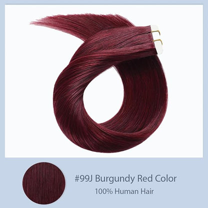 26 Inch Tape In Hair Extensions HuxoWax 99J Straight Hair Extensions Double Weft Invisible Burgundy VirgIn Soft And Silky Remy Hair