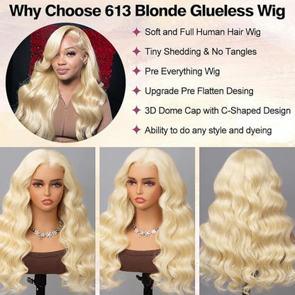 28 Inch 613 Lace Front Wig Human Hair 200% Density Blonde Glueless Wigs Human Hair Pre Plucked Pre Cut 7x5 Hd Closure Wear And Go Wig Blonde Wig Human Hair Body Wave For Women