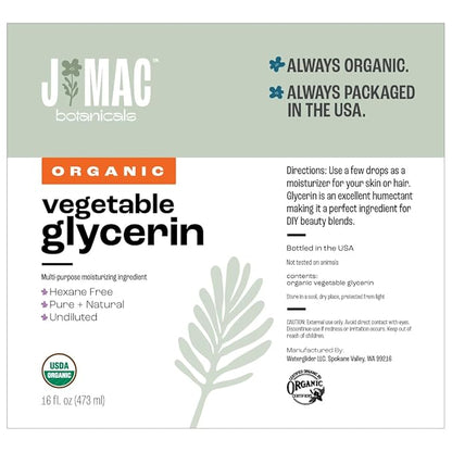 J MAC BOTANICALS, Organic Vegetable Glycerin Oil (16oz bottle) Moisturizing and softening, 100% Pure natural liquid organic glycerine for crafts, skin, face, hair
