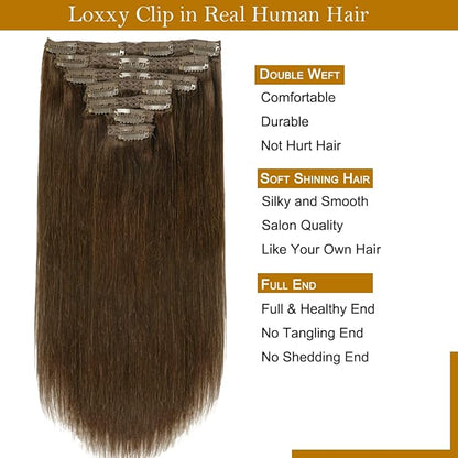 Loxxy Human Hair Extensions Clip in Chocolate Brown Real Human Hair Extensions 120g 7 Pieces Silky Straight Weft Full Head Clip in Remy Human Hair #4 14 Inch