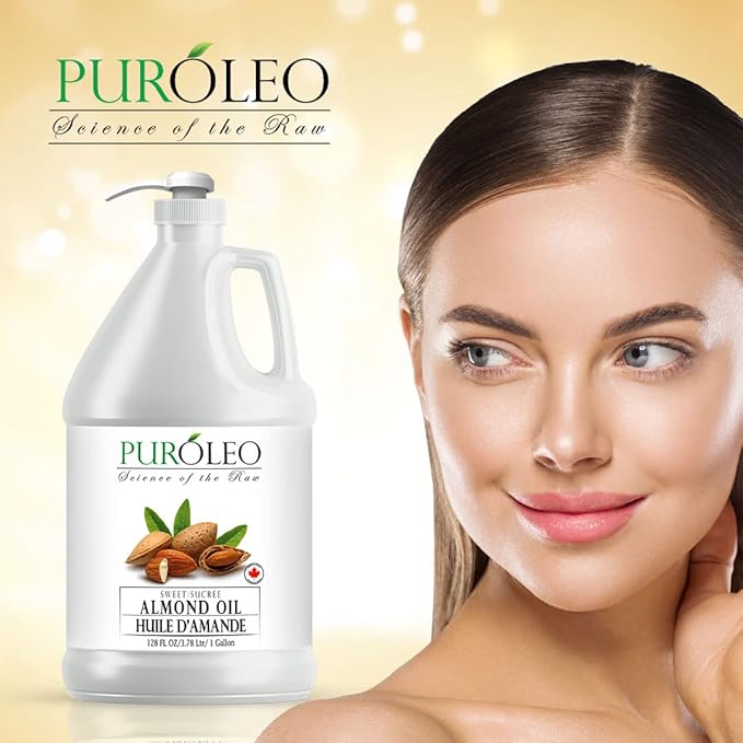 PUROLEO Sweet Almond Oil 128 Fl Oz/3784 ML (Packed In Canada) Pure Almond Oil for Skin, Hair, & Body | Organic Carrier Oil & Body Oils For Women