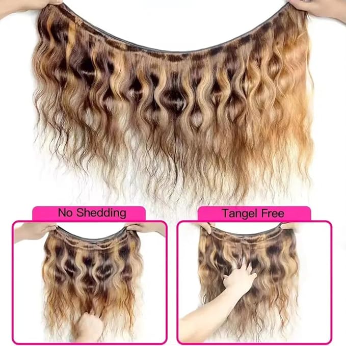 YISEA Ombre P4/27 Body Wave Bundles Human Hair （22 24 26 28 inch） 12A Highlight Dark Brown with Honey Blonde Mix Human Hair Body Wave Bundles Sew-In for Black Women Silky and Soft