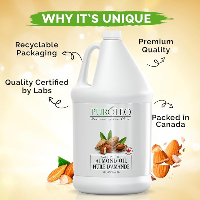 PUROLEO Sweet Almond Oil 64 Fl Oz/1900 ML 100% Natural and Pure | Moisturizer & Carrier Oil | Beauty & DIY Blends, Massage Oil, Body Oil, Hair Oil and Baby Oil | Made from Almonds raw