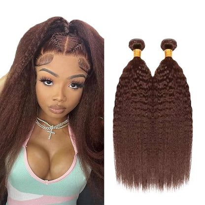 #4 Brown Bundles Human Hair Kinky Straight Bundles 24 26 Inch Human Hair Weave 2 Bundle Unprocessed Brazilian Virgin Hair Chocolate Yaki Straight Human Hair Extensions