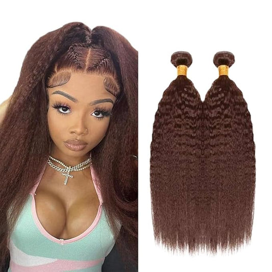 #4 Brown Bundles Human Hair Kinky Straight Bundles 24 26 Inch Human Hair Weave 2 Bundle Unprocessed Brazilian Virgin Hair Chocolate Yaki Straight Human Hair Extensions
