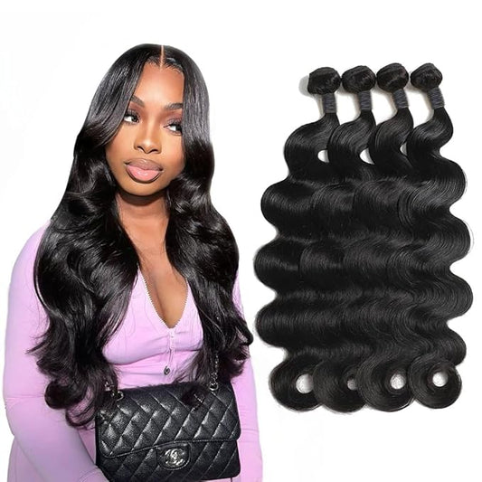 Body Wave Human Hair 4 Bundles (18 20 22 24) Unprocessed Brazilian Virgin Human Hair Extensions Brazilian Body Wave Weave Bundles Soft and Silky Natural Black Wavy Hair Quick Weave Bundle for Women