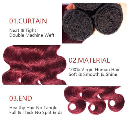 1B99J Body Wave Bundles Black Mixed With Burgundy Body Wave Bundles two tone Brazilian Hair Extensions Soft and Silky for Women 14 16 18 Inch