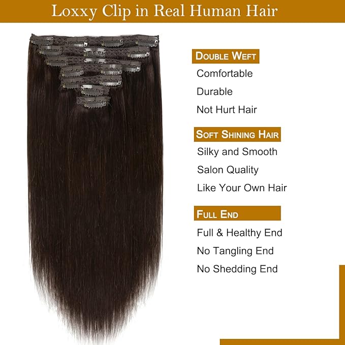 Loxxy Dark Brown Hair Extensions Clip in Human Hair Extensions 9A Grade Brazilian Human Hair Double Weft Thick Silky Straight Clip in Real Hair #2 14 Inch 120g