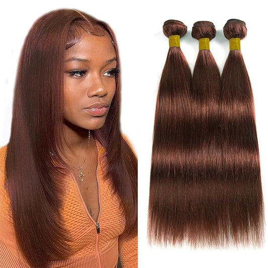 Reddish Brown Human Hair Straight Bundles - 30, 32, 34 Inch - Unprocessed Copper, Auburn, Silky Soft Remy Hair Extensions
