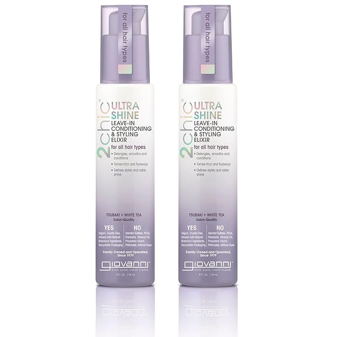 GIOVANNI 2chic Ultra Shine Leave-In Conditioning & Styling Elixir - Hair Serum for All Hair Types, Leave in Hair Treatment, Tsubaki Seed Oil & White Tea, Detangles, Smooths & Conditions - 4oz (2 Pack)