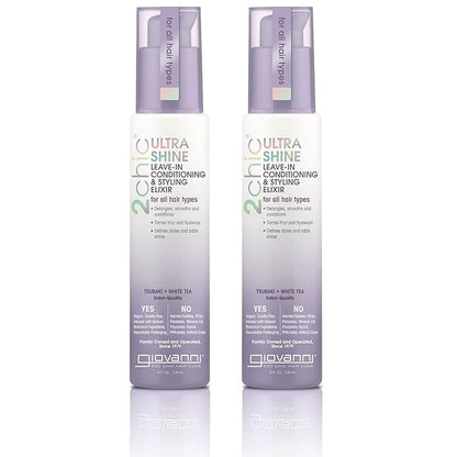 GIOVANNI 2chic Ultra Shine Leave-In Conditioning & Styling Elixir - Hair Serum for All Hair Types, Leave in Hair Treatment, Tsubaki Seed Oil & White Tea, Detangles, Smooths & Conditions - 4oz (2 Pack)