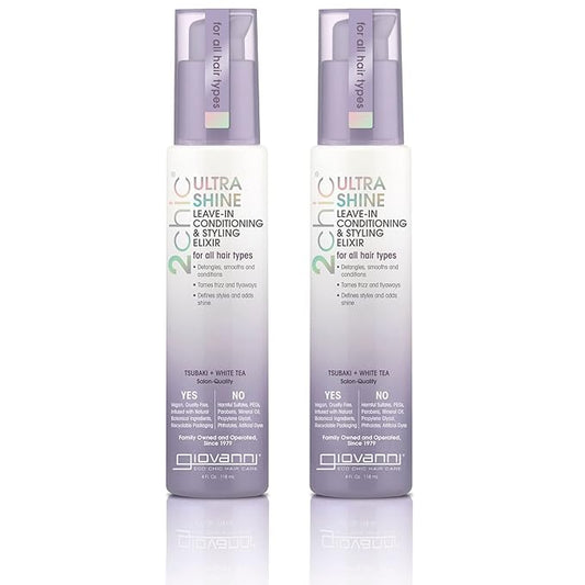 GIOVANNI 2chic Ultra Shine Leave-In Conditioning & Styling Elixir - Hair Serum for All Hair Types, Leave in Hair Treatment, Tsubaki Seed Oil & White Tea, Detangles, Smooths & Conditions - 4oz (2 Pack)