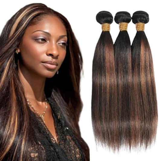 Brown With Highlights Bundles P1B30 Straight Human Hair Bundles Black and Brown Brazilian Human Hair Extensions Soft and Silky for Women 22 22 22 Inch