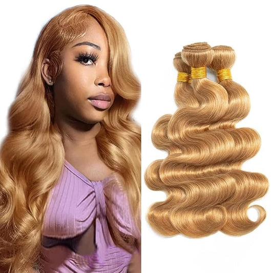 #27 Blonde Bundles Body Wave Human Hair Bundles 16 18 20 Inch Unprocessed Brazilian Virgin Hair Weave 3 Bundles Honey Blonde Human Hair Extensions For Woman 50 Grams Per Bundle